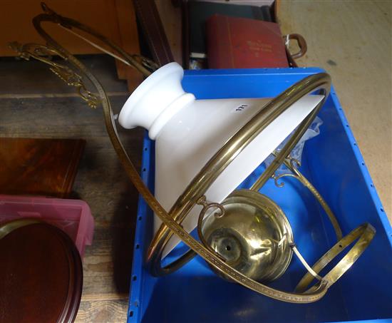 Hanging oil lamp with white opaque shade